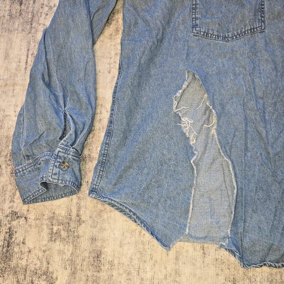 Boho Jane Denim Shirt Womens Large Blue Distressed Blame My Gypsy Soul Patch - Picture 4 of 10